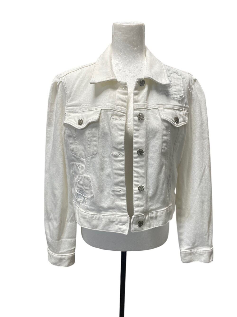 Ralph Lauren Womens White Denim Jacket Distressed Boxy Cropped Size Large